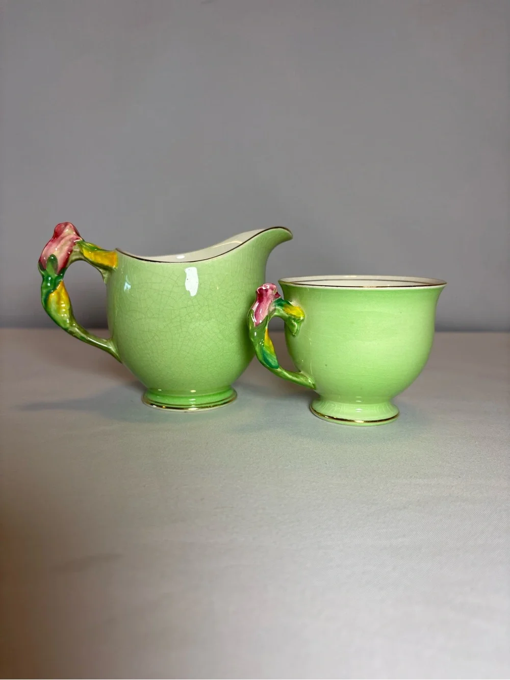 Vintage Royal Winton Grimwades Tiger Lily green creamer and sugar bowl set 1940s